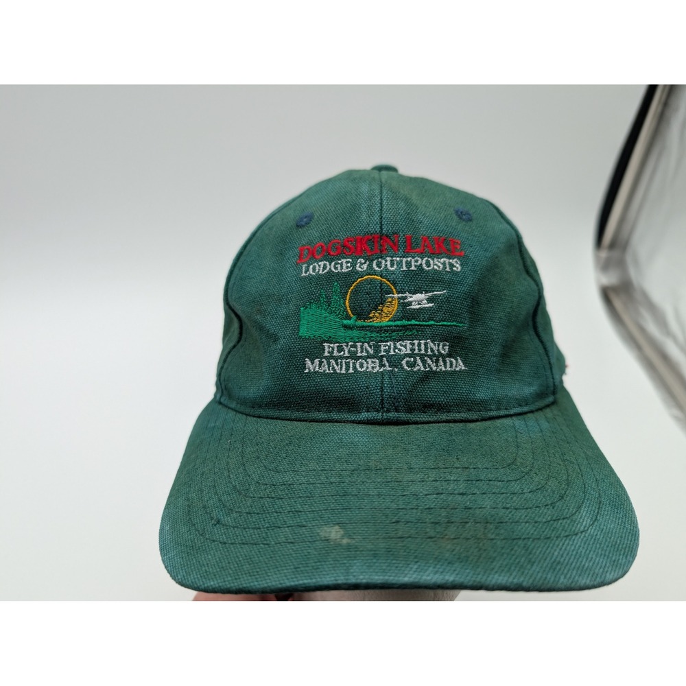 AJM International Dogskin Lake Lodge Fly-In Fishing Hat Green Canvas Strapback